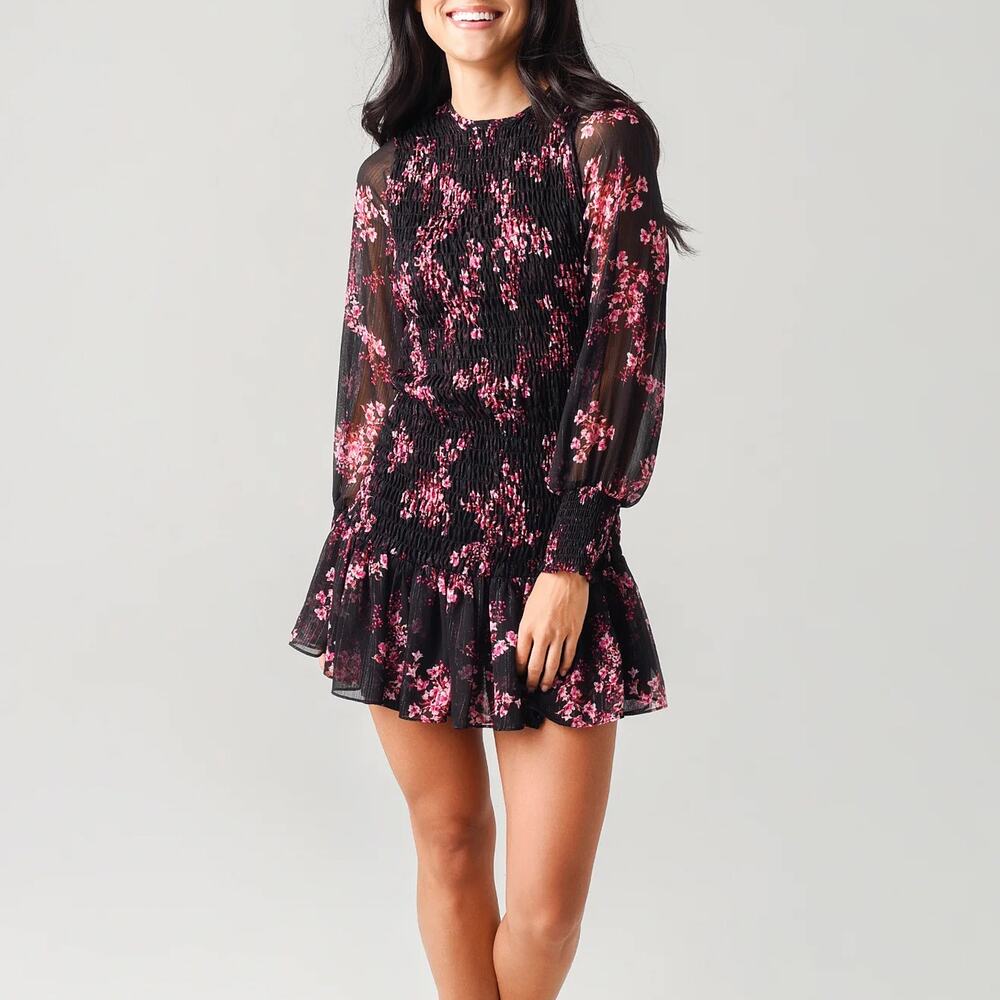 MISA Los Angeles Roisin Dress Berry Floral Black Pink Smocked SZ M